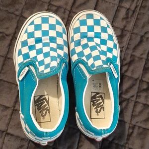 Teal  and white checkered slip on Vans